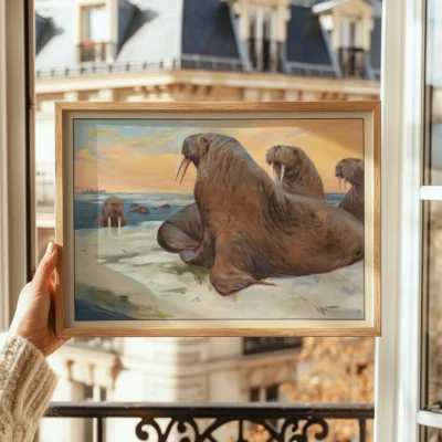 Walrus poster vintage animal print in wooden frame held by window