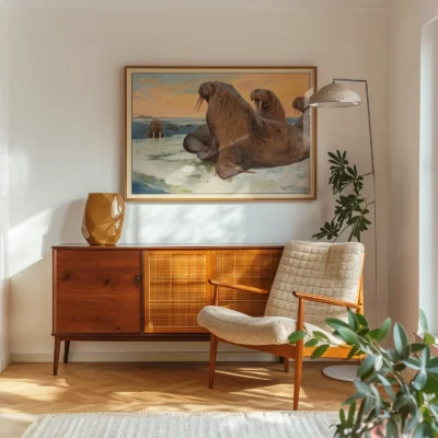 Walrus poster vintage arctic wall art above sideboard in living room