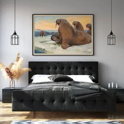 Walrus poster vintage arctic animal art above bed in bedroom