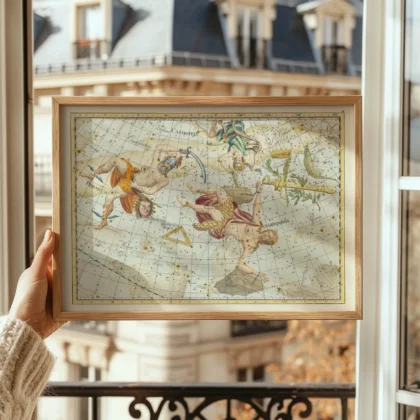 Vintage constellation map framed window display