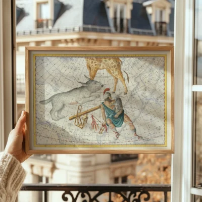 Antique celestial map framed window display