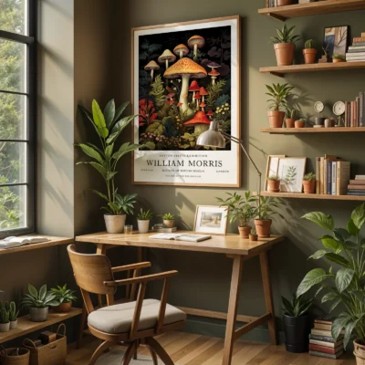Vintage mushroom print home office wall art