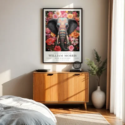 Vintage elephant print bedroom wall art
