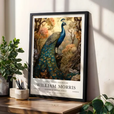 Vintage peacock print living room decor
