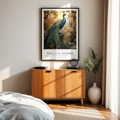Vintage peacock print bedroom wall art