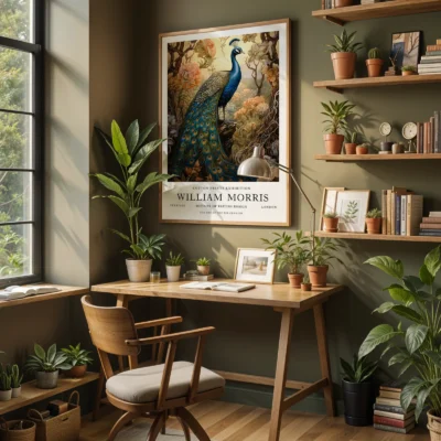 Vintage peacock print home office wall art