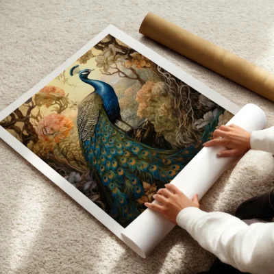 Vintage peacock print rolled art poster