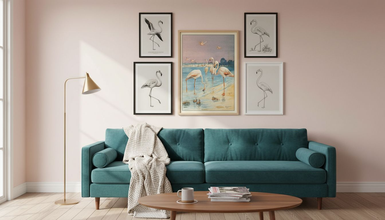 Retro gallery wall with flamingo posters above teal sofa