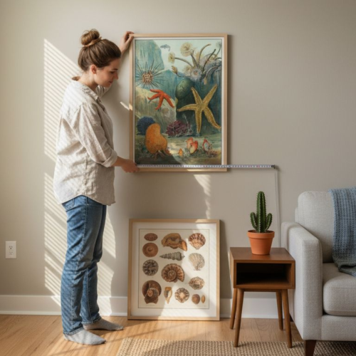 Couple placing retro marine art in living space