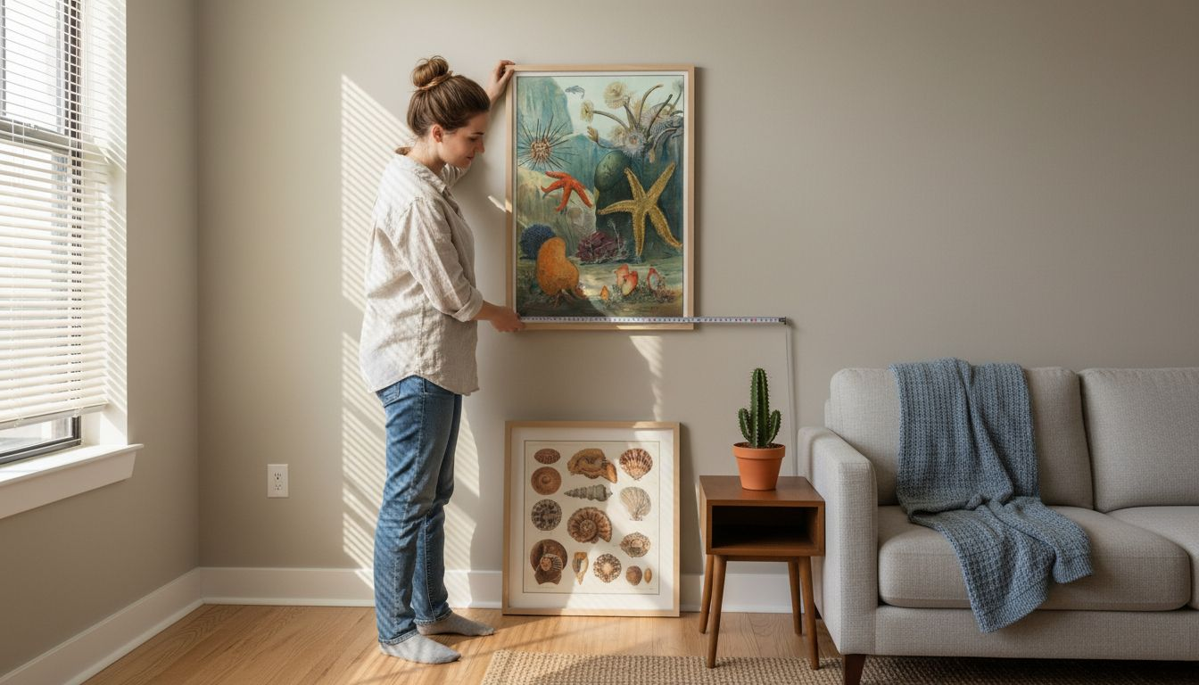 Couple placing retro marine art in living space