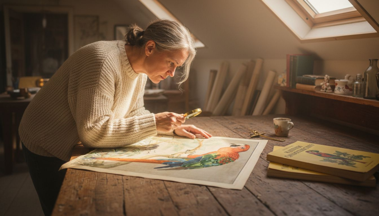 Collector inspecting vintage parrot print