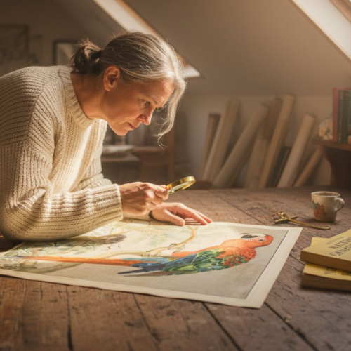 Collector inspecting vintage parrot print
