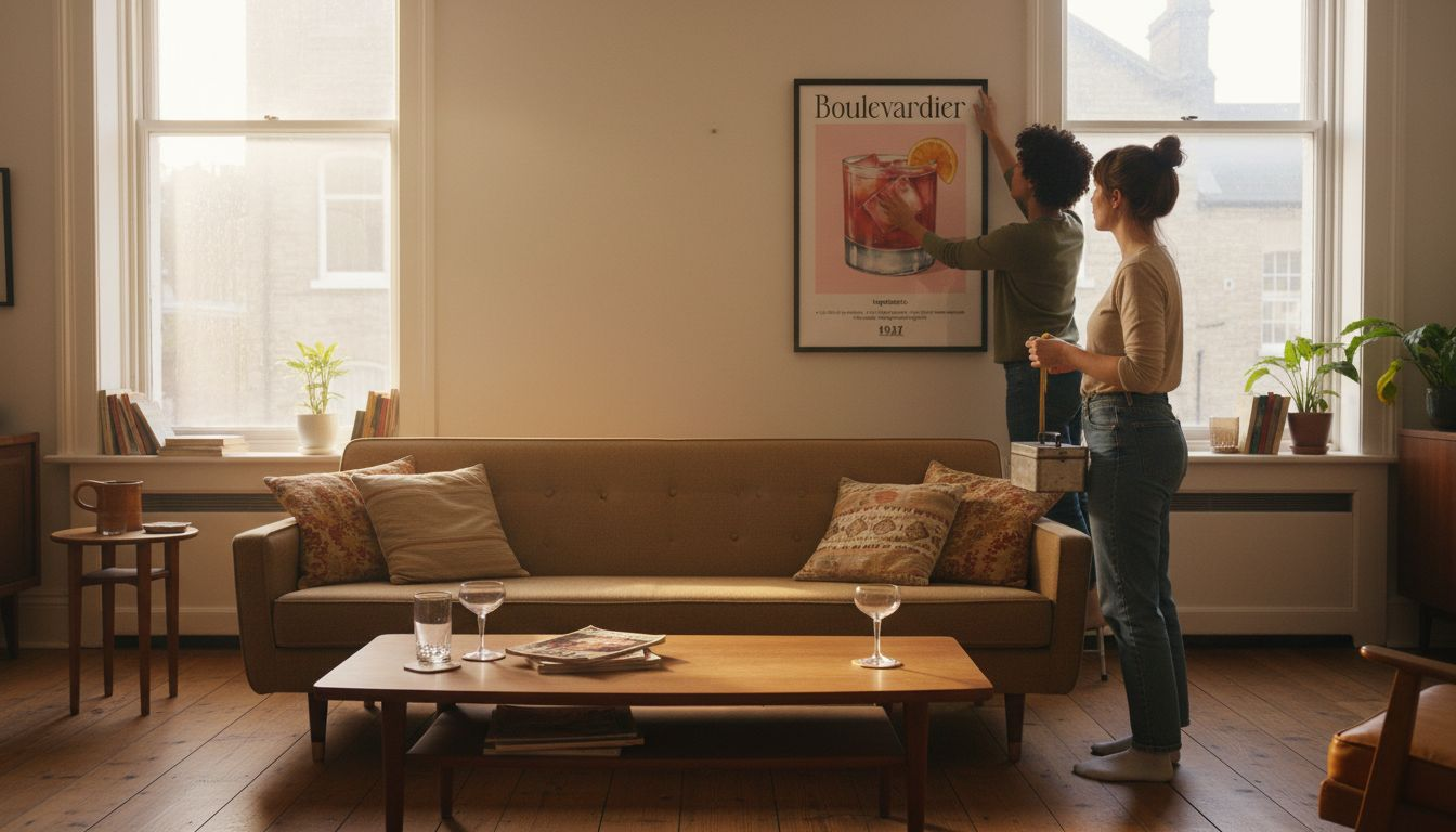 Couple hanging vintage cocktail poster at home