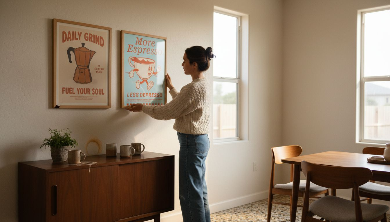 Woman arranging vintage coffee posters on wall