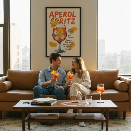 Couple lounging beneath retro Aperol Spritz poster