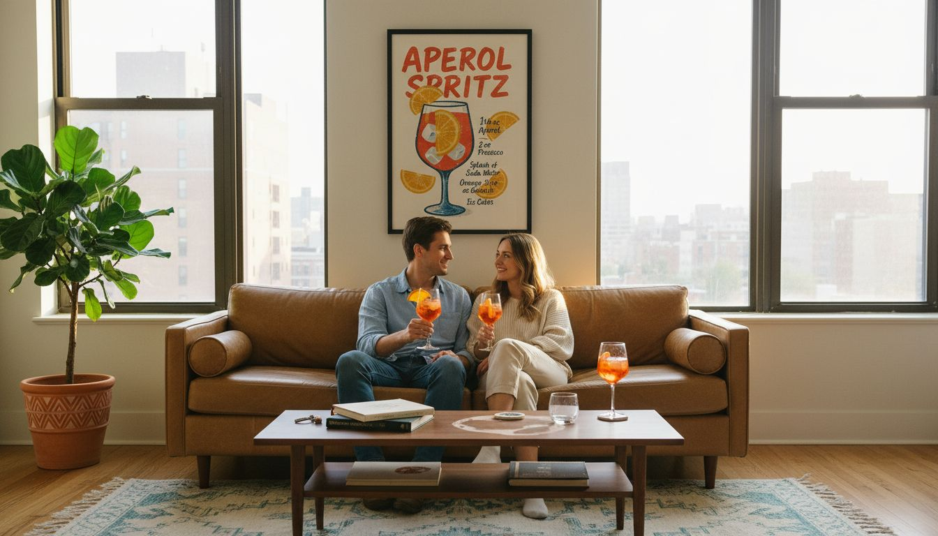 Couple lounging beneath retro Aperol Spritz poster