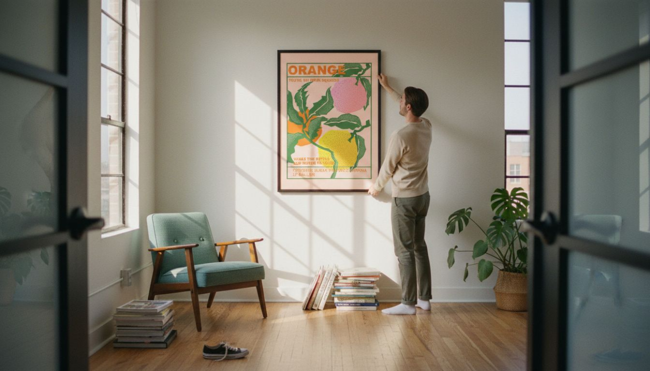 Couple hangs orange retro poster in modern loft