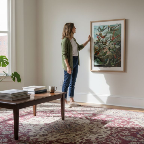 Woman hanging Haeckel art print in vintage living room