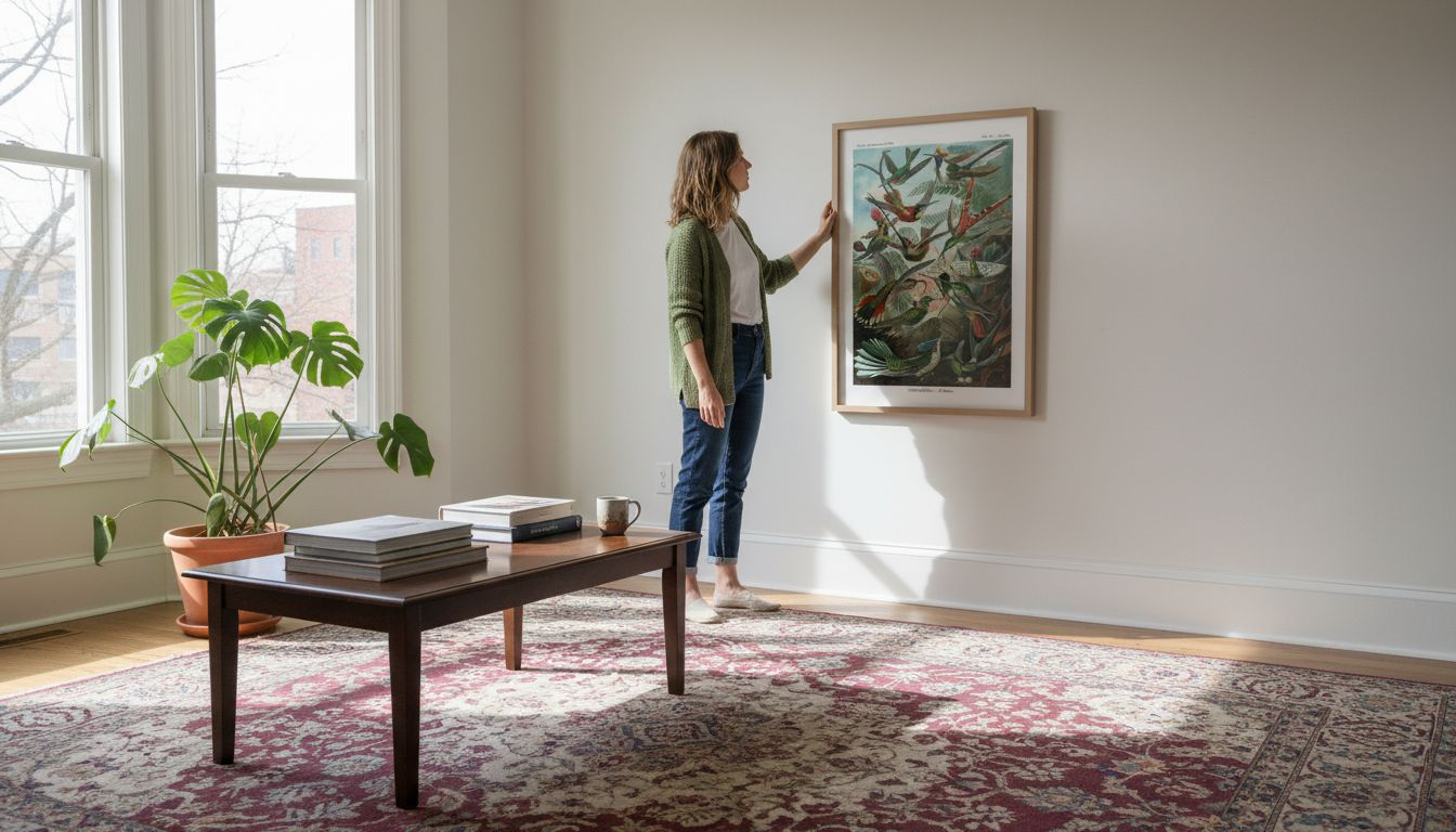 Woman hanging Haeckel art print in vintage living room