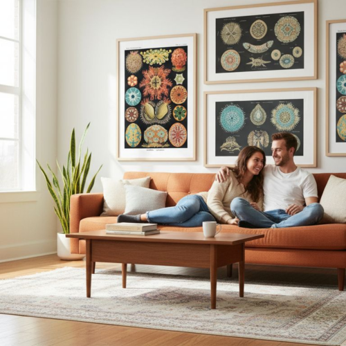 Modern living room with framed Haeckel prints and couple