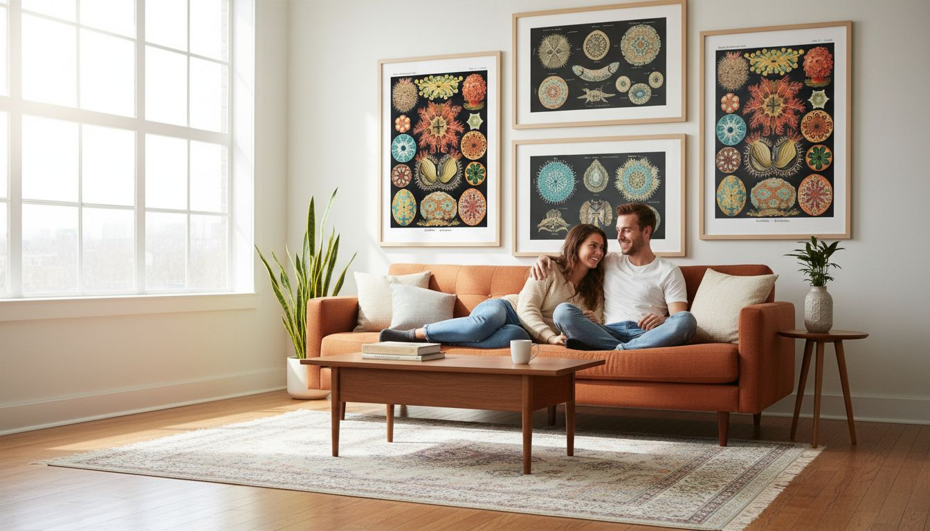 Modern living room with framed Haeckel prints and couple