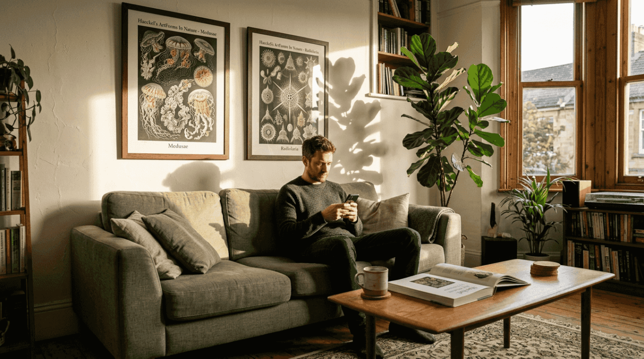 Man on sofa with Haeckel posters on wall