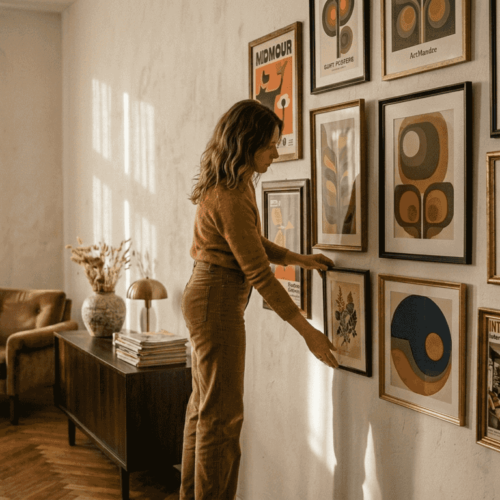 Woman arranging retro gallery wall art