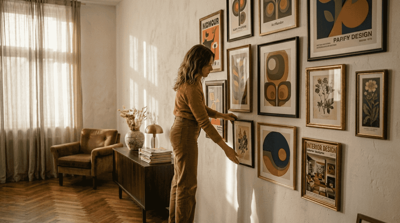 Woman arranging retro gallery wall art