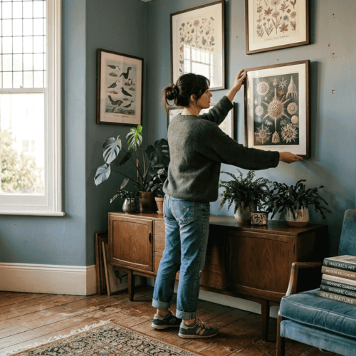 Woman hanging Haeckel print in sunlit living room