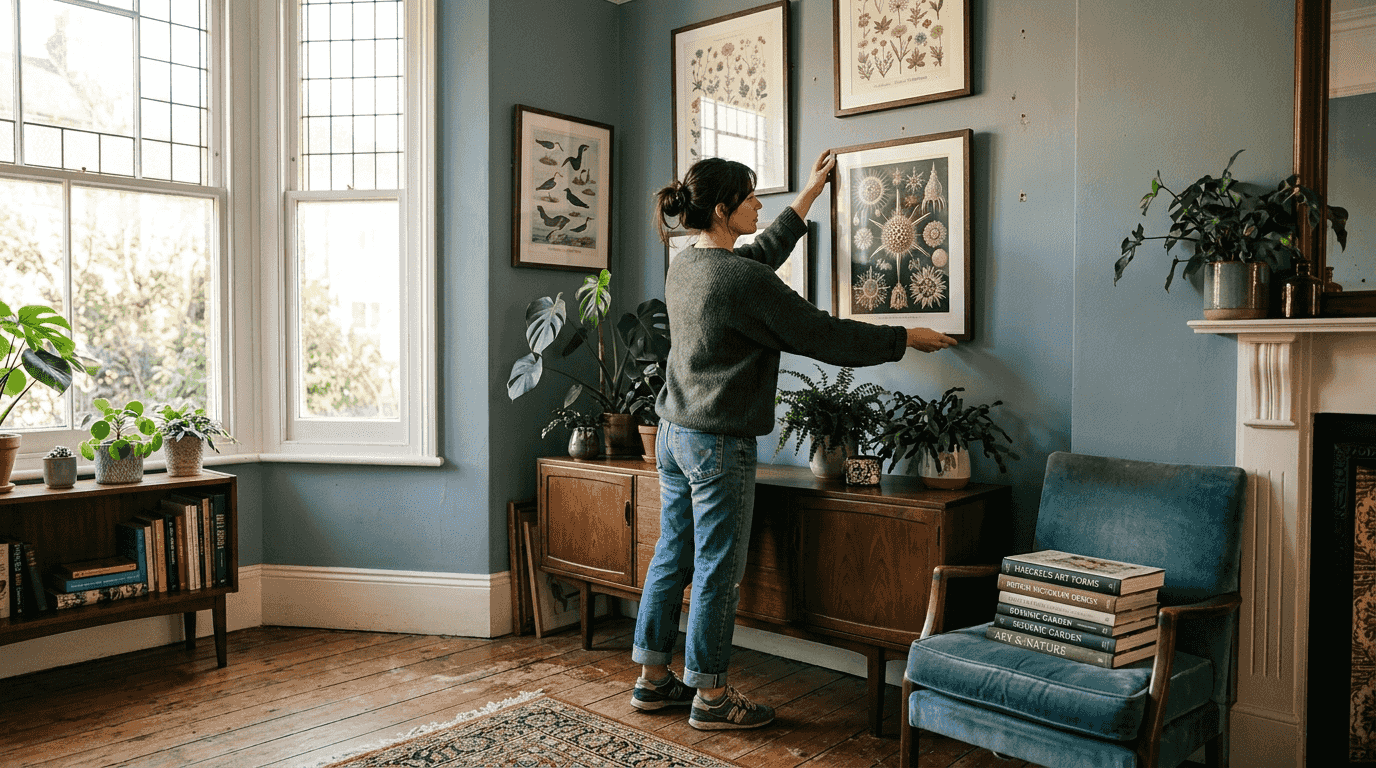 Woman hanging Haeckel print in sunlit living room