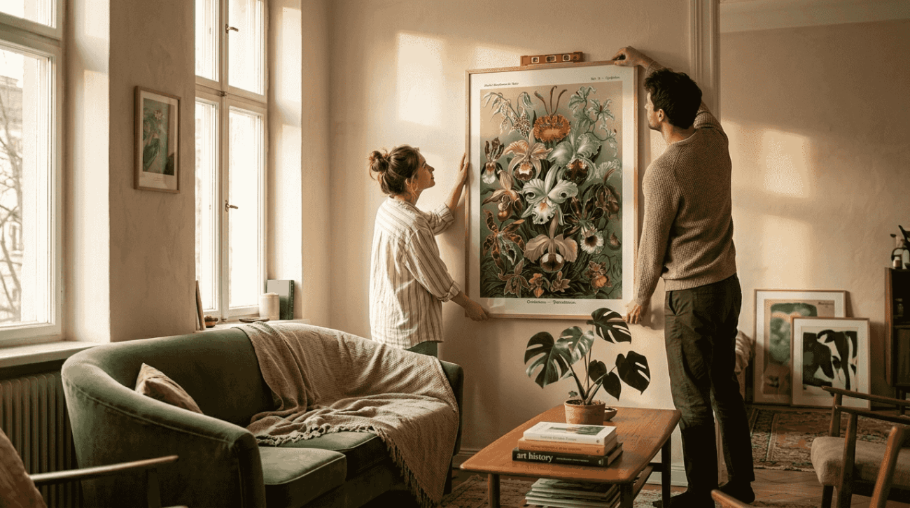 Couple hanging vintage orchid poster in living room
