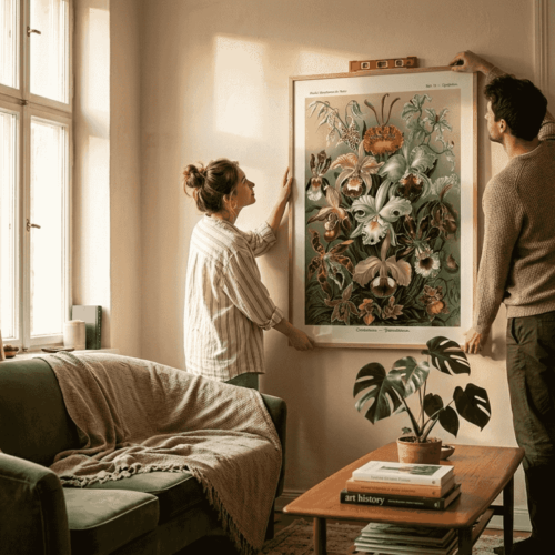 Couple hanging vintage orchid poster in living room