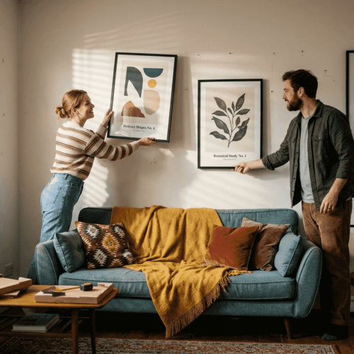 Couple arranging prints on living room wall