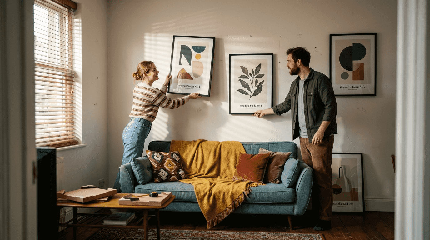 Couple arranging prints on living room wall