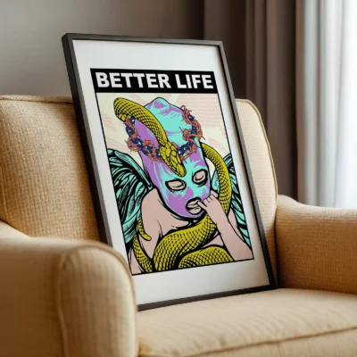 Retro artwork print framed near armchair