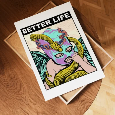 Retro artwork print poster on wooden table