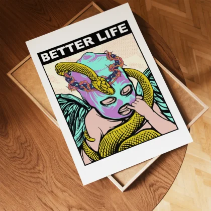 Retro artwork print poster on wooden table