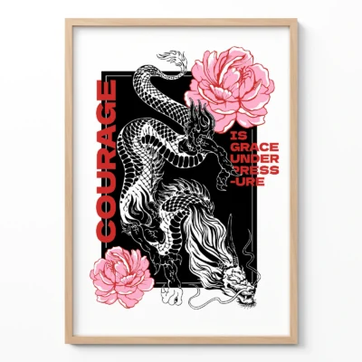 Japanese dragon poster with peony flower wall art