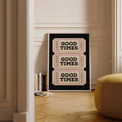 Ticket poster framed near interior corner