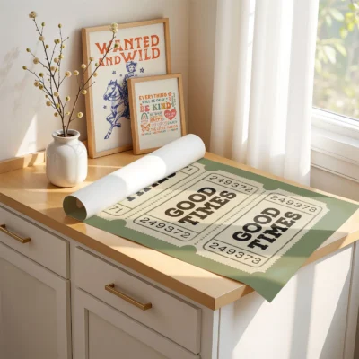 Green ticket print rolled poster display