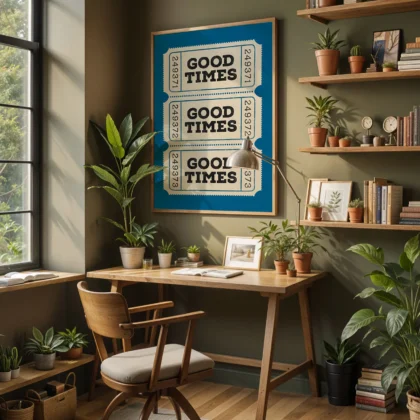 Typografie Wandbild – Good Times Ticket (Blau)