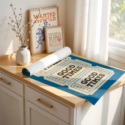 Blue ticket print rolled poster display