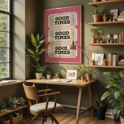 Retro ticket poster pink workspace wall art