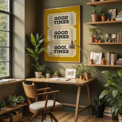 Retro ticket poster yellow workspace wall art