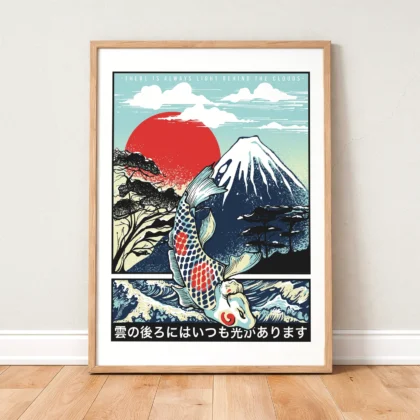 Paveikslas su japoniška koi žuvimi ir Fudžio kalnu