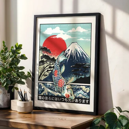 Paveikslas su japoniška koi žuvimi ir Fudžio kalnu