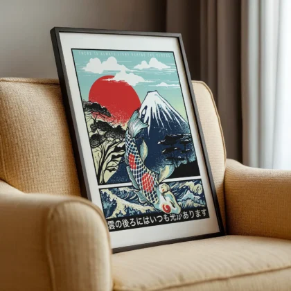 Paveikslas su japoniška koi žuvimi ir Fudžio kalnu