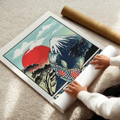 Paveikslas su japoniška koi žuvimi ir Fudžio kalnu