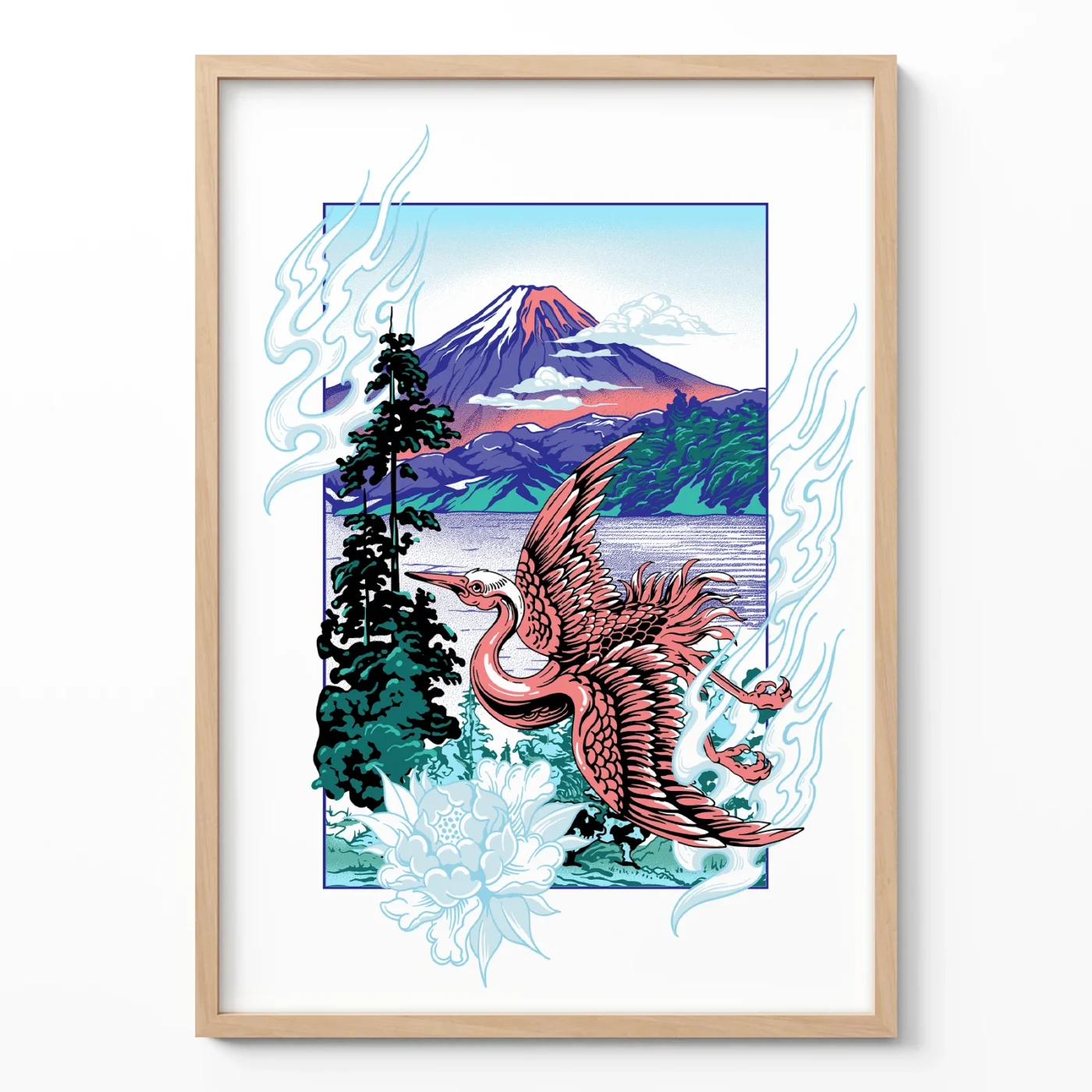 Japanese crane poster mount fuji Asian wall art