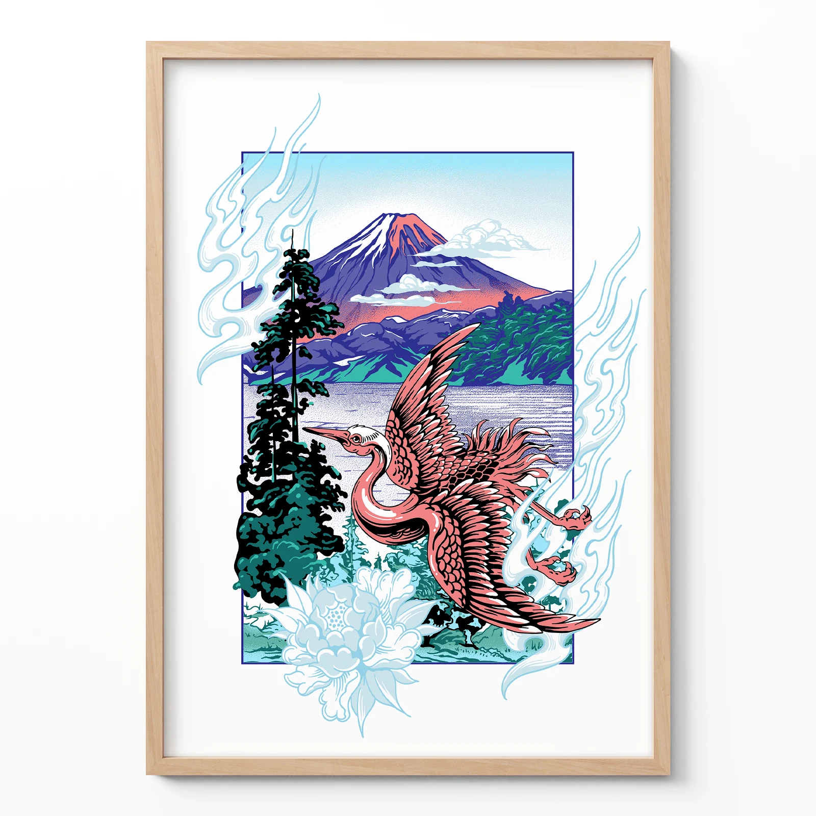 Mount Fuji Japanese Crane Poster Japanese crane poster mount fuji Asian wall art